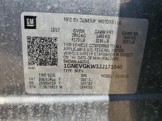 1GNEVGKW3JJ171040 - 2018 CHEVROLET TRAVERSE LT ნაცრისფერი ფოტო 14