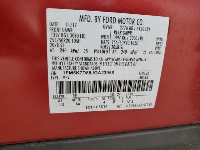 1FM5K7D88JGA23958 - 2018 FORD EXPLORER XLT Kırmızı fotoğraf 14