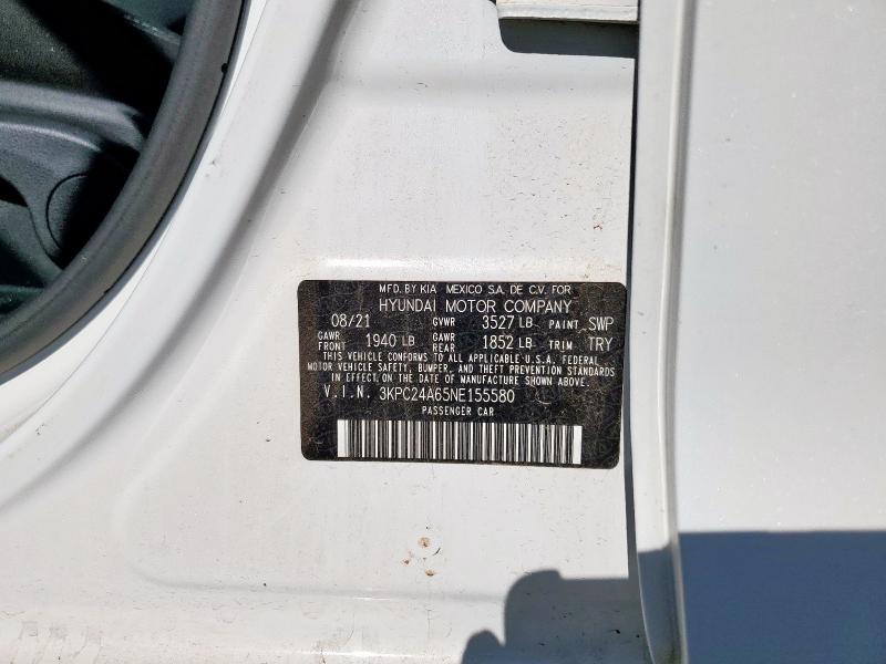 3KPC24A65NE155580 - 2022 HYUNDAI ACCENT SE WHITE photo 12