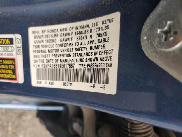 19XFA16519E017667 - 2009 HONDA CIVIC LX 蓝色 照片 12