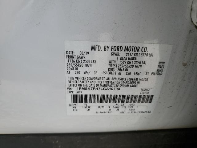 1FMSK7FH7LGA10704 - 2020 FORD EXPLORER LIMITED 白色 照片 13