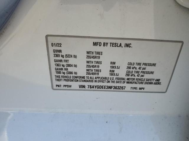 7SAYGDEE3NF363267 - 2022 TESLA MODEL Y 白色 照片 13