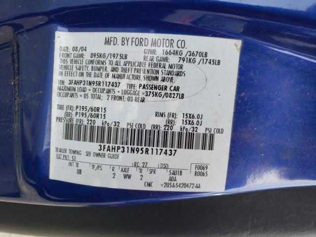 3FAHP31N95R117437 - 2005 FORD FOCUS ZX3 BLUE photo 12