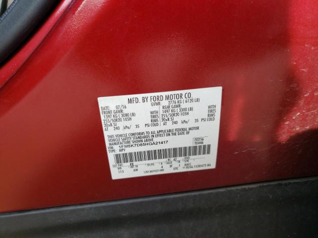 1FM5K7D85HGA21417 - 2017 FORD EXPLORER XLT Qırmızı foto 14