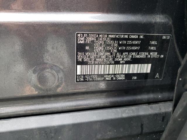 2T3F1RFV5LC136706 - 2020 TOYOTA RAV4 LE ნაცრისფერი ფოტო 13