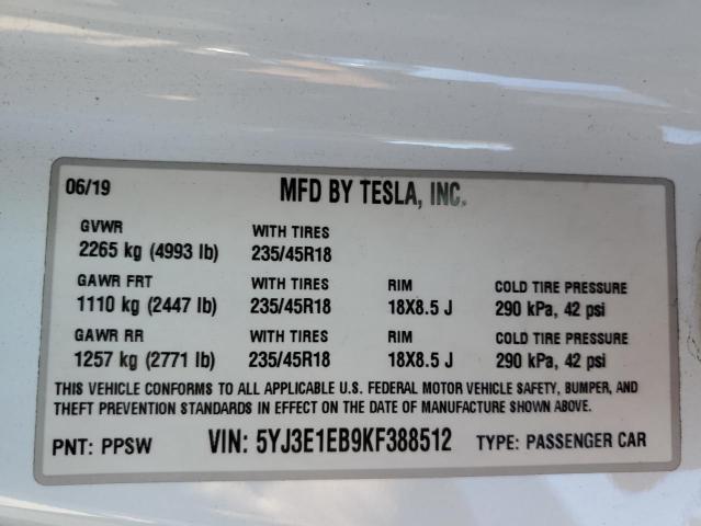 5YJ3E1EB9KF388512 - 2019 TESLA MODEL 3 أبيض صورة 12