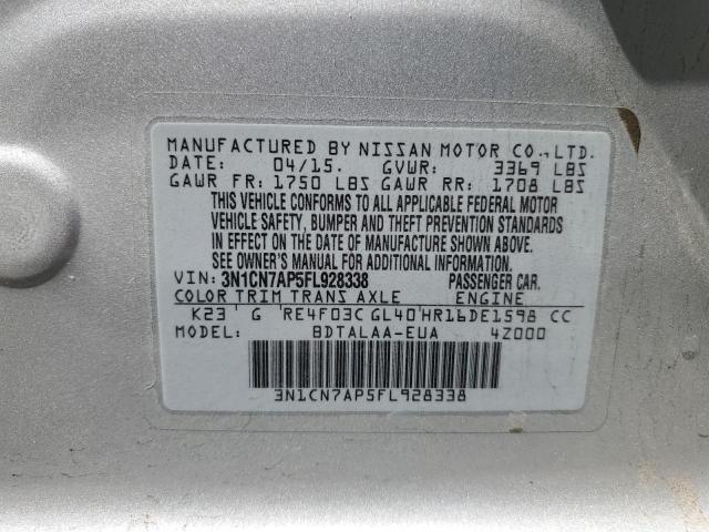 3N1CN7AP5FL928338 - 2015 NISSAN VERSA S ვერცხლისფერი ფოტო 12