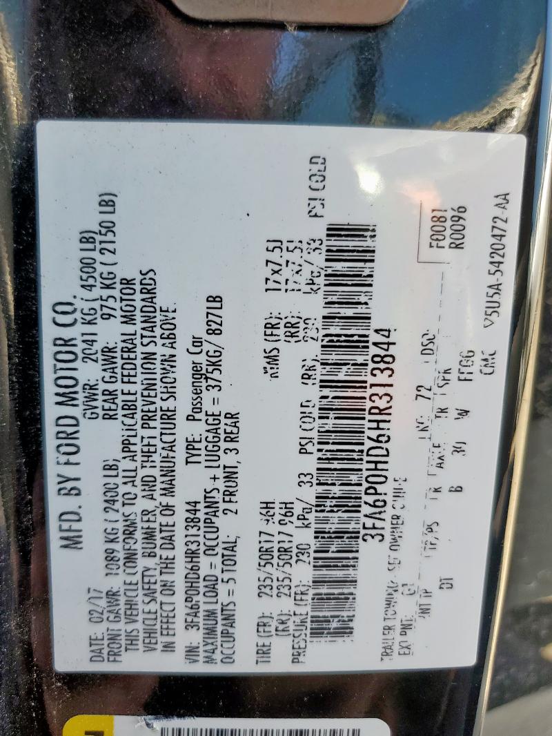 3FA6P0HD6HR313844 - 2017 FORD FUSION SE 黑色 照片 12