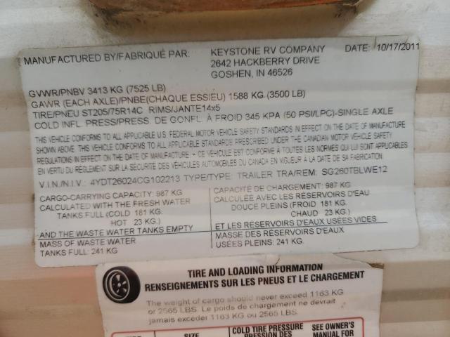 4YDT26024CG102213 - 2012 KEYSTONE TRAILER WHITE photo 10