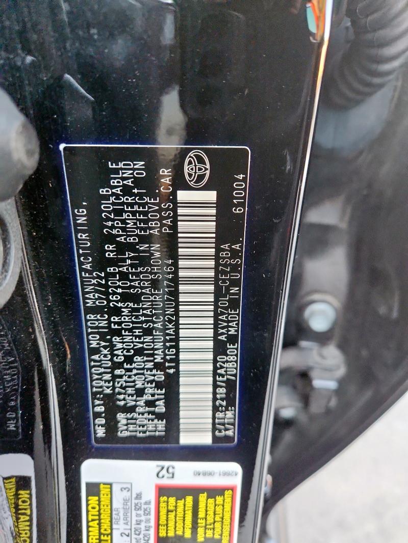 4T1G11AK2NU717464 - 2022 TOYOTA CAMRY SE Қара фото 12