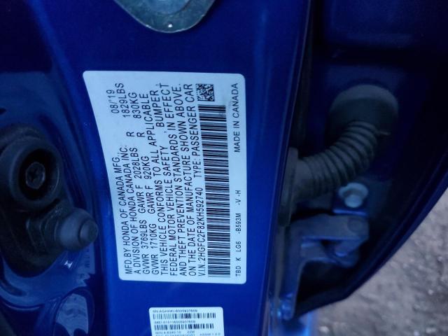 2HGFC2F82KH592740 - 2019 HONDA CIVIC SPORT 蓝色 照片 12