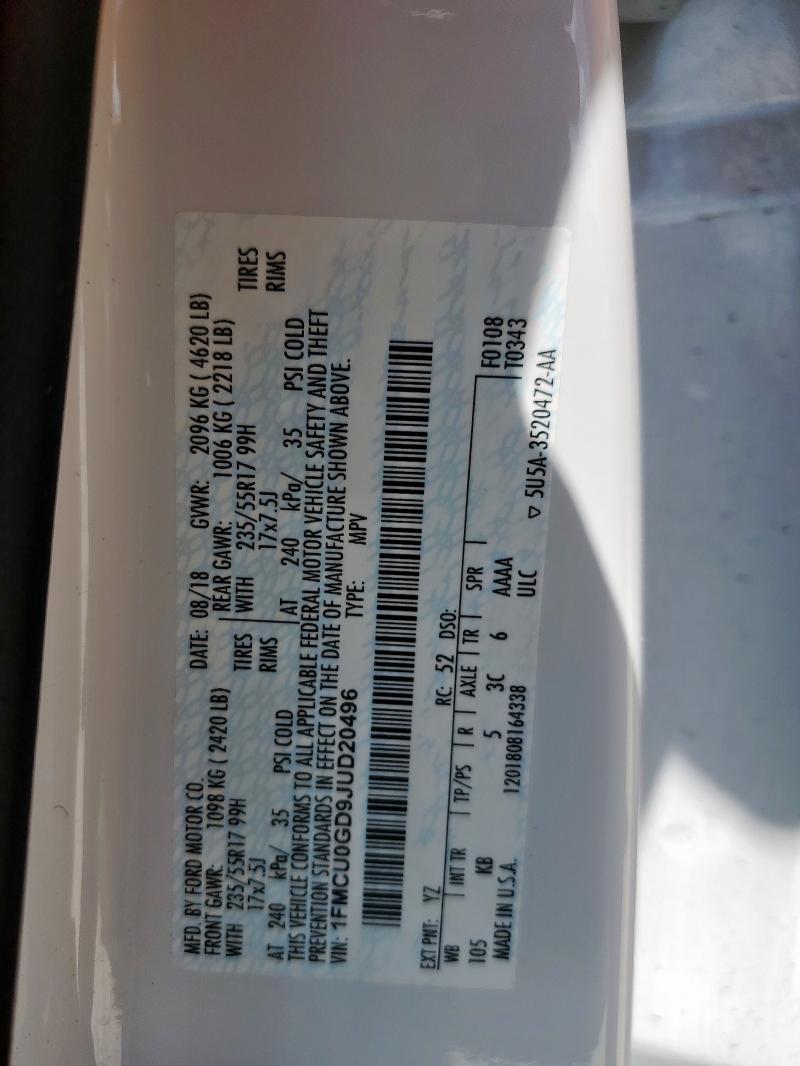 1FMCU0GD9JUD20496 - 2018 FORD ESCAPE SE Weiß Foto 13