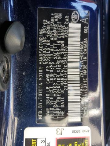 2T1BU4EE2CC858170 - 2012 TOYOTA COROLLA BASE Կապույտ լուսանկար 13