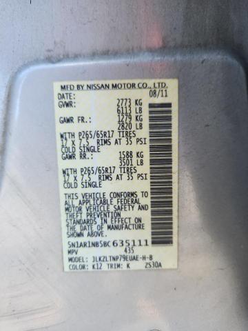 5N1AR1NB5BC635111 - 2011 NISSAN PATHFINDER S Արծաթագույն լուսանկար 13