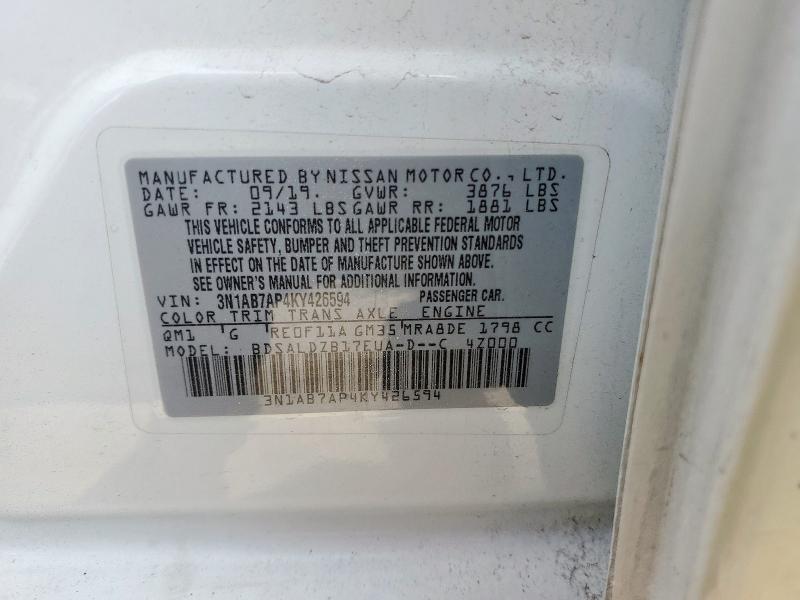 3N1AB7AP4KY426594 - 2019 NISSAN SENTRA S WHITE photo 13