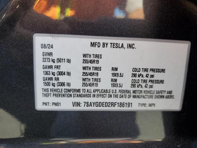 7SAYGDED2RF186191 - 2024 TESLA MODEL Y გრაფიტი ფოტო 12