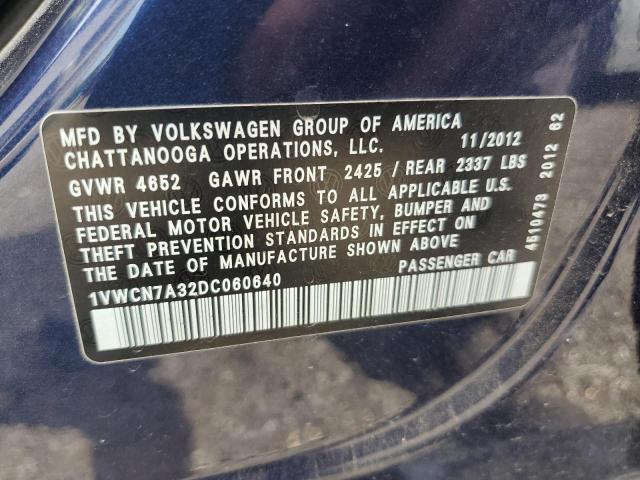 1VWCN7A32DC060640 - 2013 VOLKSWAGEN PASSAT SEL BLUE photo 12