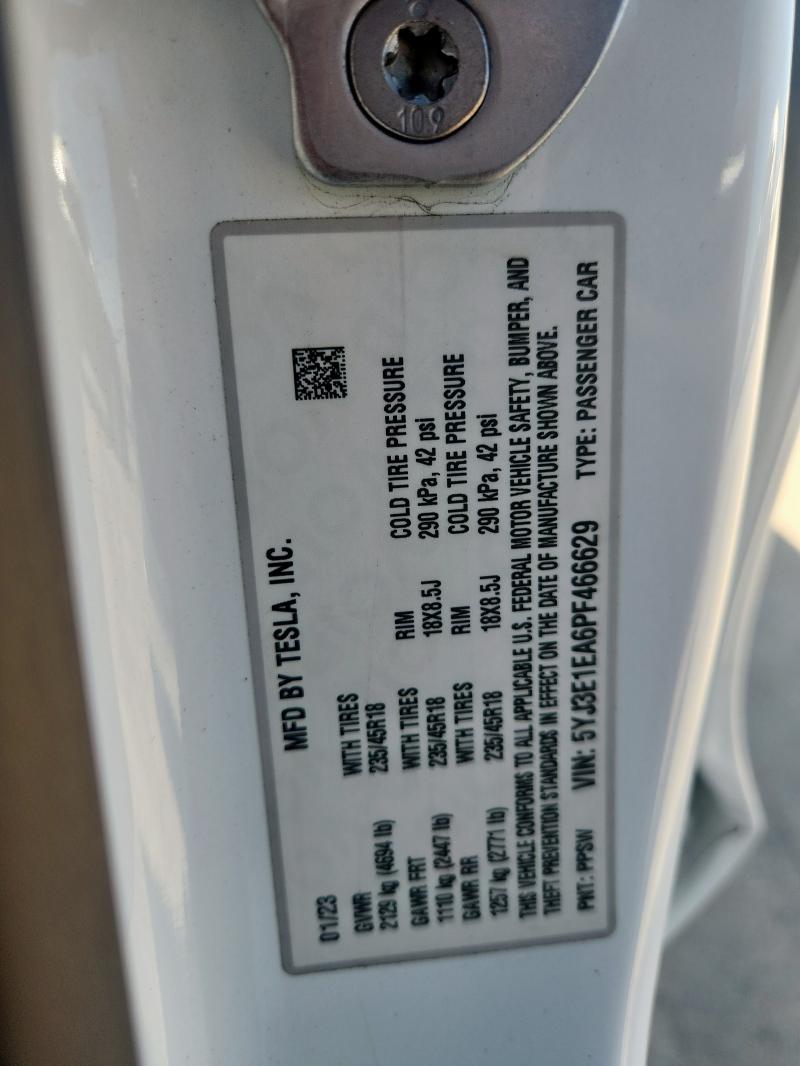 5YJ3E1EA6PF466629 - 2023 TESLA MODEL 3 Weiß Foto 12