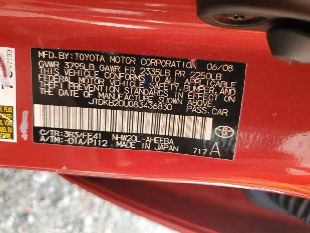 JTDKB20U083436830 - 2008 TOYOTA PRIUS RED photo 12