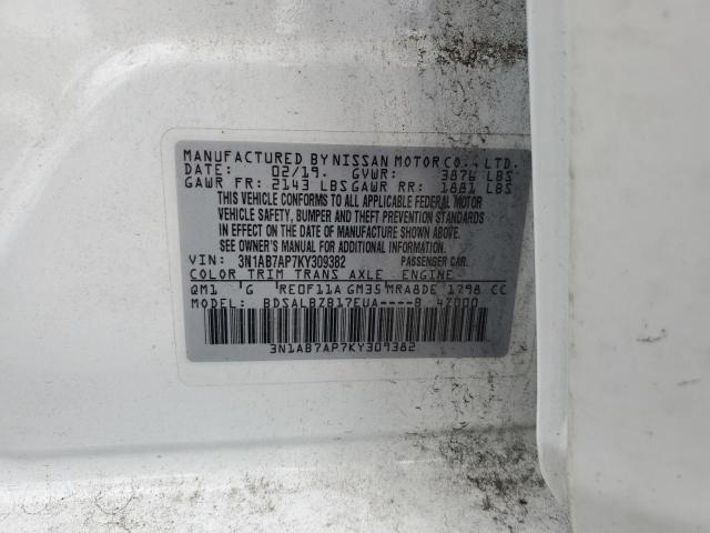 3N1AB7AP7KY309382 - 2019 NISSAN SENTRA S 白色 照片 12