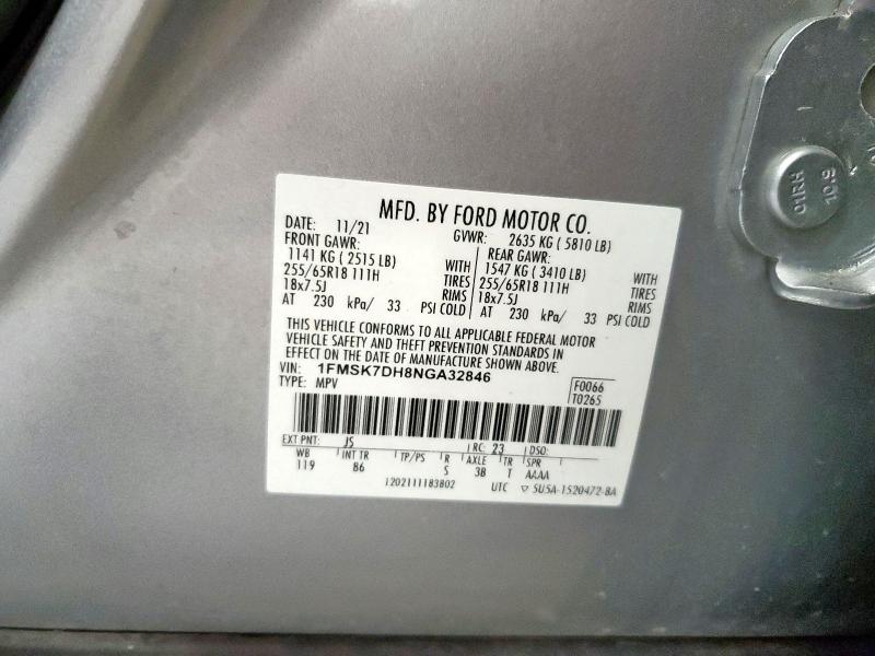 1FMSK7DH8NGA32846 - 2022 FORD EXPLORER XLT Plata foto 13