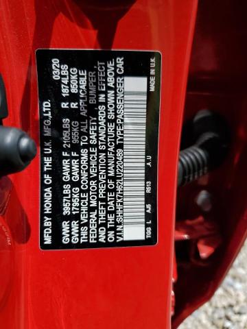 SHHFK7H62LU220489 - 2020 HONDA CIVIC EX RED photo 12