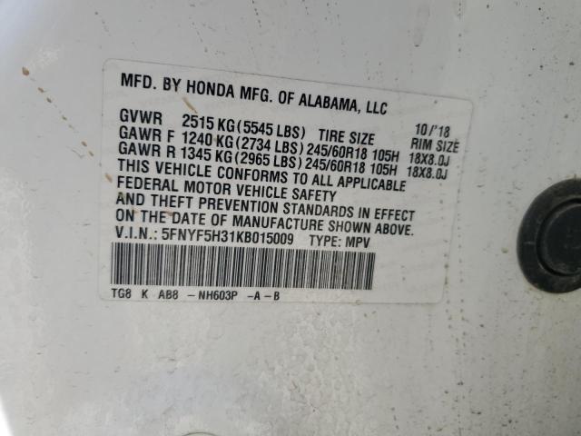 5FNYF5H31KB015009 - 2019 HONDA PILOT EX Beyaz fotoğraf 13