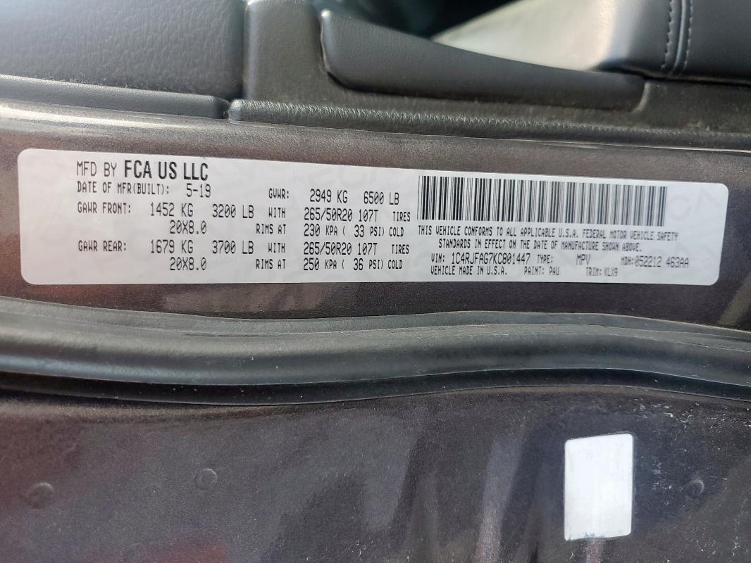 1C4RJFAG7KC801447 - 2019 JEEP GRAND CHER LAREDO ნაცრისფერი ფოტო 12