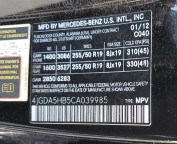 4JGDA5HB5CA039985 - 2012 MERCEDES-BENZ ML 350 4MATIC BLACK photo 13