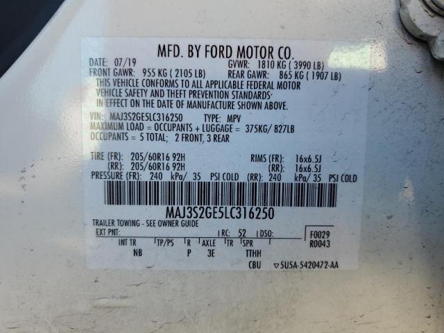 MAJ3S2GE5LC316250 - 2020 FORD ECOSPORT SE WHITE photo 13