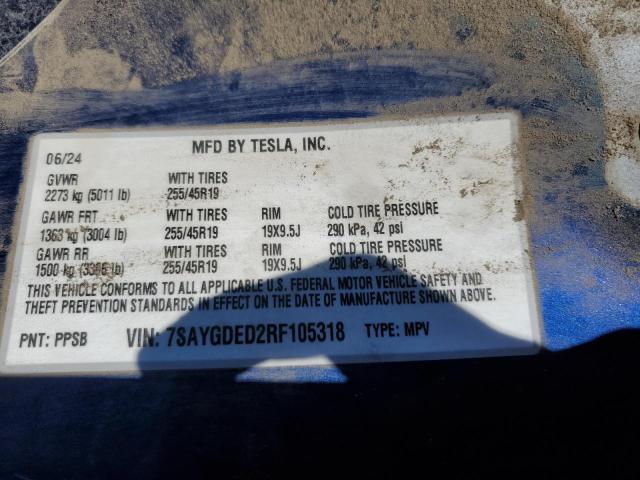 7SAYGDED2RF105318 - 2024 TESLA MODEL Y Կապույտ լուսանկար 14