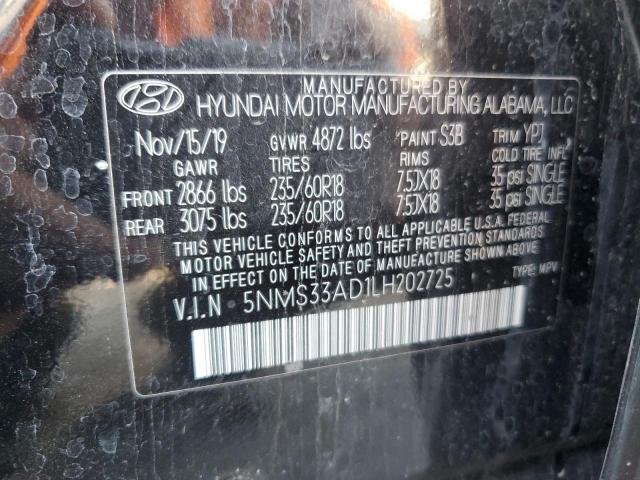 5NMS33AD1LH202725 - 2020 HYUNDAI SANTA FE SEL შავი ფოტო 13