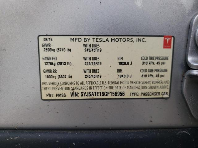 5YJSA1E16GF156956 - 2016 TESLA MODEL S Արծաթագույն լուսանկար 12