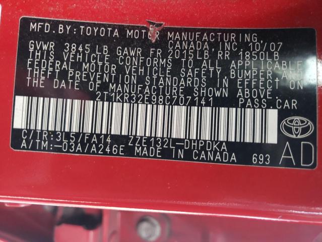2T1KR32E98C707141 - 2008 TOYOTA COROLLA MA XR RED photo 12