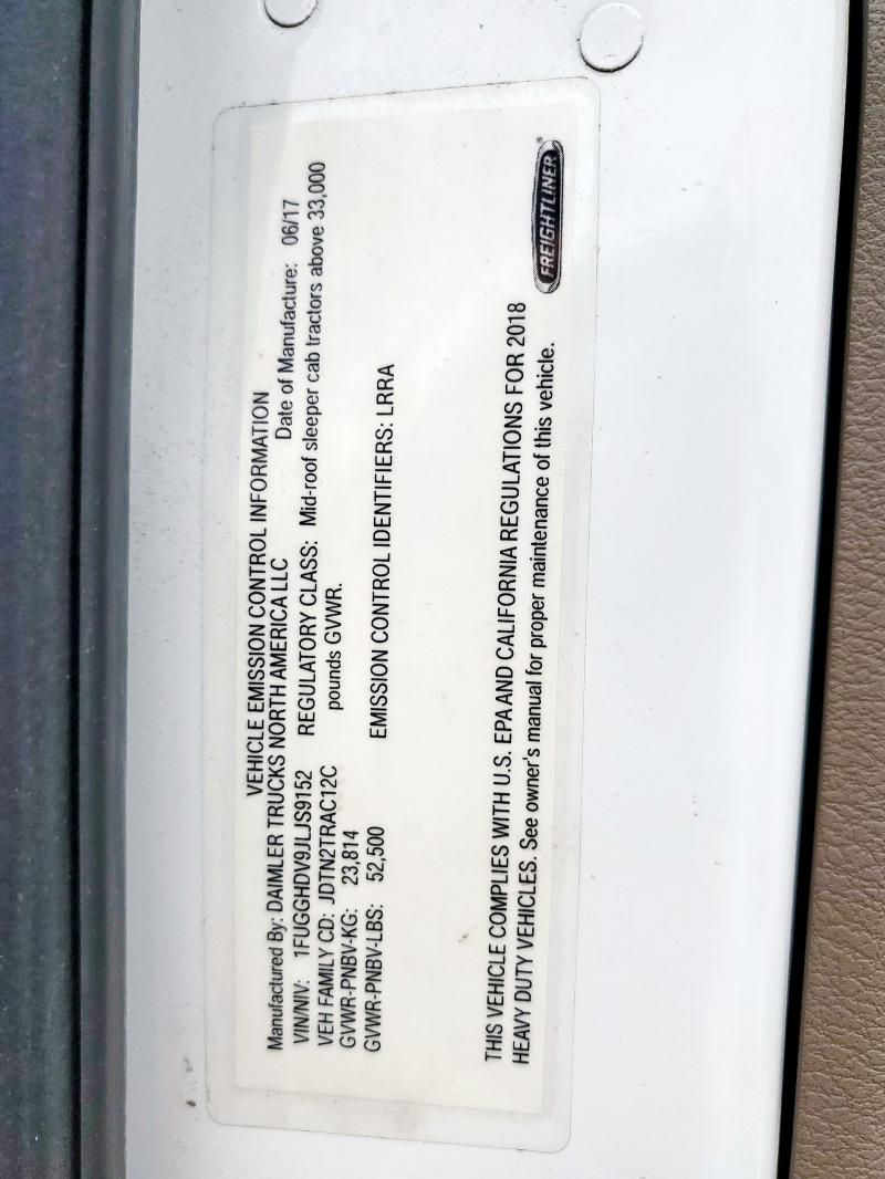 1FUGGHDV9JLJS9152 - 2018 FREIGHTLINER CASCADIA 1 Սպիտակ լուսանկար 10