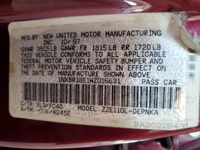 1NXBR18E1WZ016631 - 1998 TOYOTA COROLLA VE MAROON photo 12