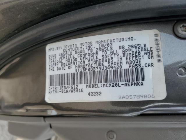 4T1BF28B74U349420 - 2004 TOYOTA AVALON XL CHARCOAL photo 12