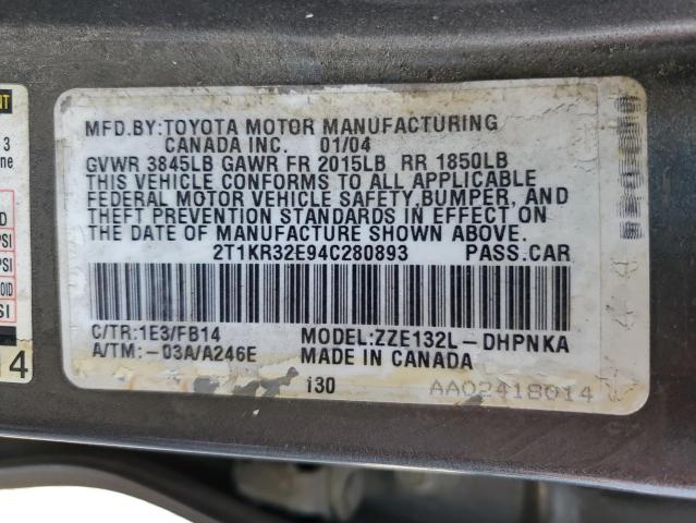 2T1KR32E94C280893 - 2004 TOYOTA COROLLA MA XR GRAY photo 12