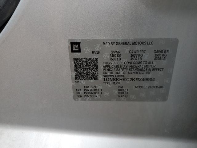 1GNSKHKC2KR349904 - 2019 CHEVROLET SUBURBAN K1500 LT SILVER photo 12