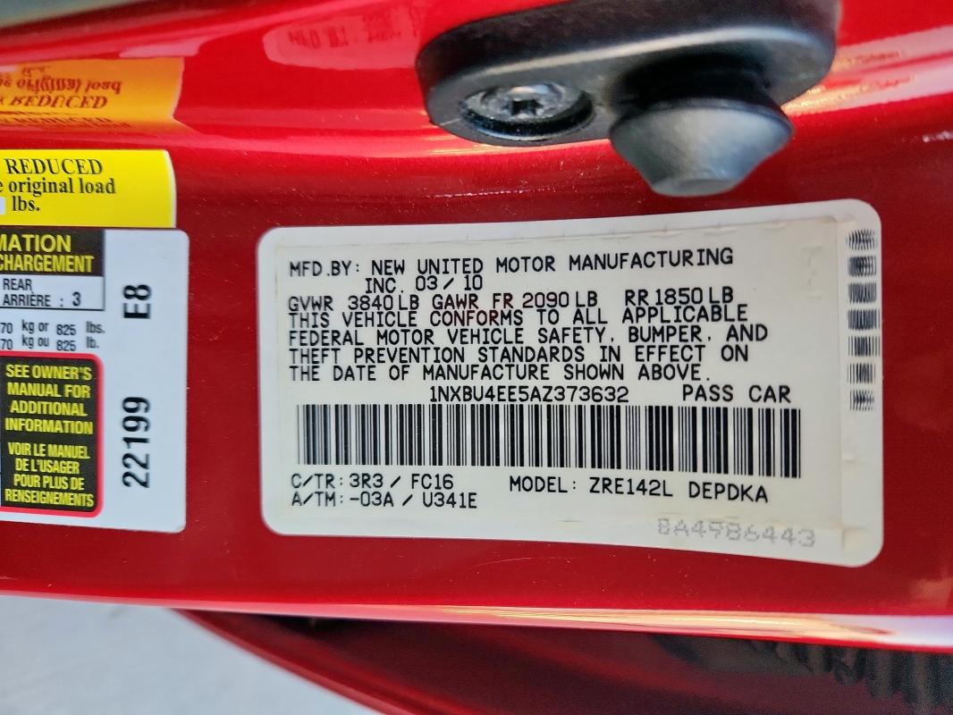 1NXBU4EE5AZ373632 - 2010 TOYOTA COROLLA BASE Rojo foto 13