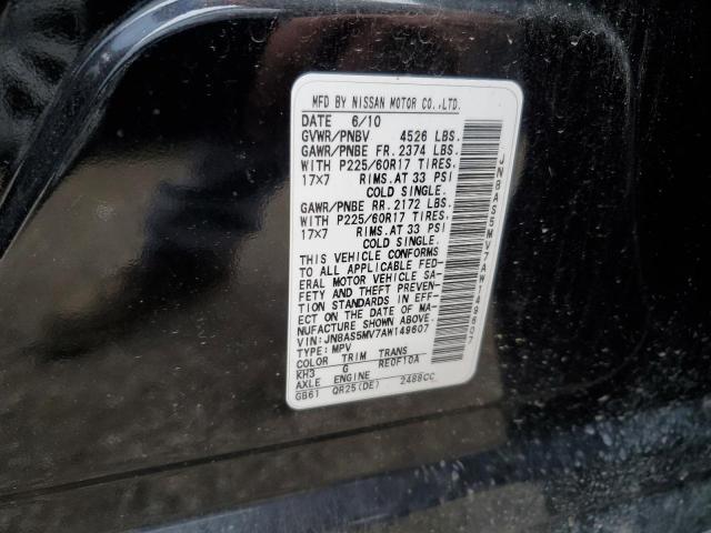 JN8AS5MV7AW149607 - 2010 NISSAN ROGUE S BLACK photo 12