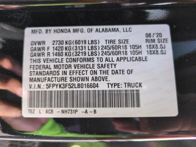 5FPYK3F52LB016604 - 2020 HONDA RIDGELINE RTL 黑色 照片 13