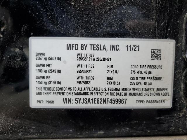 5YJSA1E62NF459967 - 2022 TESLA MODEL S BLACK photo 14