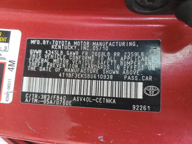 4T1BF3EK5BU610938 - 2011 TOYOTA CAMRY BASE RED photo 12