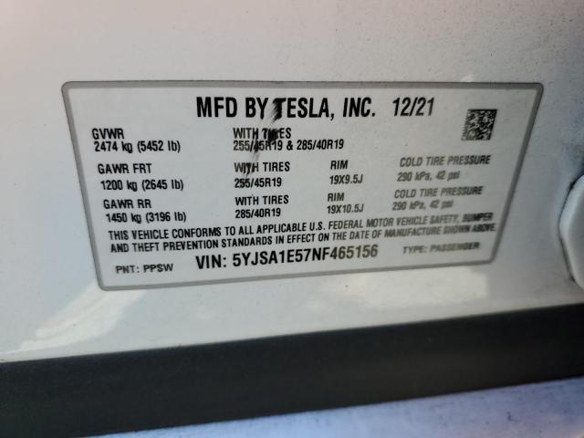 5YJSA1E57NF465156 - 2022 TESLA MODEL S თეთრი ფოტო 12