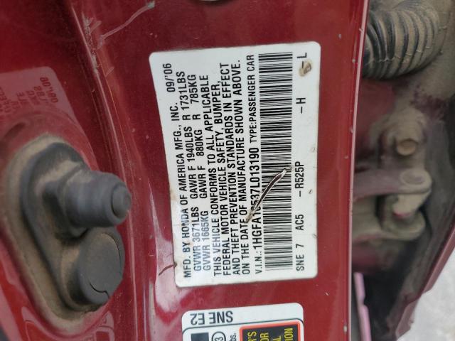1HGFA16537L013190 - 2007 HONDA CIVIC LX RED photo 12