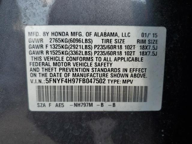 5FNYF4H97FB047502 - 2015 HONDA PILOT TOURING GRAY photo 14