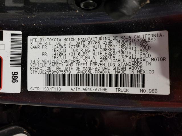 3TMJU62N59M075579 - 2009 TOYOTA TACOMA DOUBLE CAB PRERUNNER CHARCOAL photo 12