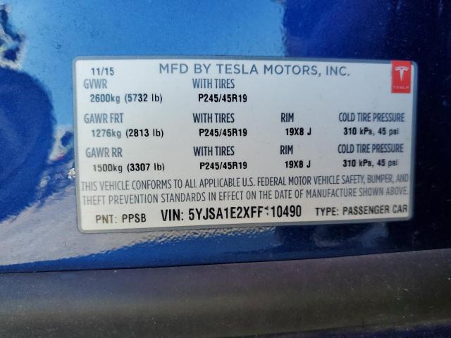 5YJSA1E2XFF110490 - 2015 TESLA MODEL S Կապույտ լուսանկար 12