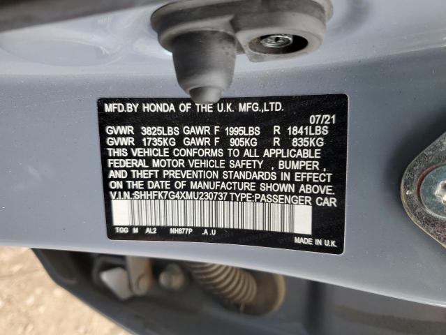 SHHFK7G4XMU230737 - 2021 HONDA CIVIC SPORT 青色 照片 12